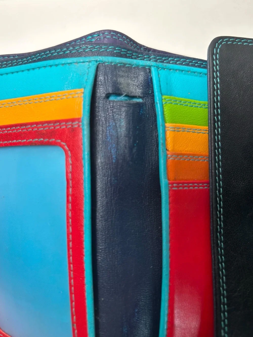 MyWalit Double Flap Ladies Trifold Leather Wallet -Black Multi, with Pen EUC